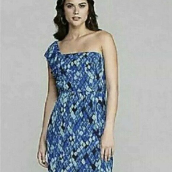 GIANNI BINI - Size 4 Blue Carmella Diamond Print One Shoulder Ruffle Dress - Picture 2 of 12